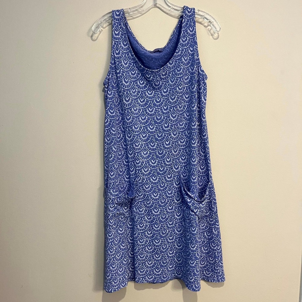 Fresh Produce Dress Blue White Fan Shell Print Pockets Cotton Womens Medium